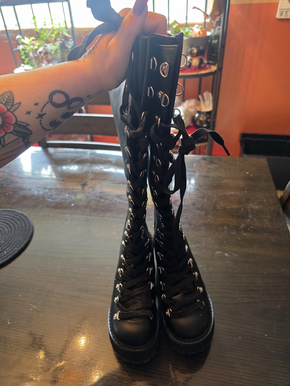 Gothic Chunky  Style Black Tall Lace-Up Combat Boots Laces